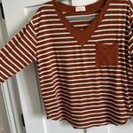 Hailey & Co. Women's M Long Sleeve Pocket Tee Shirt Rust Brown Stripe Vneck Top Photo 4