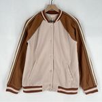Hem & Thread Brown Pink Snap Front Varsity Bomber Jacket Metallic Sleeve Stripe Photo 1
