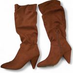 Express brown faux suede knee high boho slouchy ruched heeled cone heels boots Size 8 zipper closure #festival #stagecoach #hippie RN #55285 ID #13388 Like new, excellent condition Photo 1