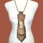 “Dainty Dapper”Striped Brown and maroon Necktie necklace with Gold Brooch Photo 0