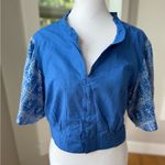 Solitaire  Cobalt Blue Embroidered Cotton Flare Sleeve Cropped Blouse Size Large Photo 0