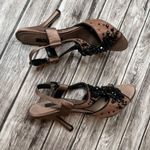 Nina Cutout Bead Stiletto Sandals Crepe Fabric Leather Sole 6.5 Black Rust Brown Photo 2