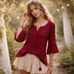 Lucky Brand Boho Ren Faire Cotton Top With Embroidery and Tasseled Drawstrings Photo 9