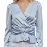 EXPRESS Gorgeous Baby Blue L/S Draped Fabric Top Blouse Satin NWT $68 Size Small Photo 0