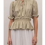 Moon River Womens Tie Front Puff Sleeve Ruffle Peplum Blouse Sage Green Large Photo 0