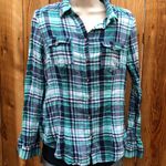 Ambiance Apparel Blue-green & White long sleeve button down Plaid shirt or blouse Sz Jrs Large Photo 0