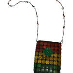 Rasta Boho Wood Beaded Disc Crossbody Bag Multicolor Flower Accent Handmade Brown Photo 0