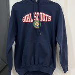 Girl Scouts Embroidered Patch Navy Drawstring Pullover Hoodie Size Medium Blue Photo 0