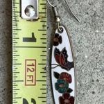 Vintage Enamel Flower & Butterfly Brass Earrings Pierce Dangle Work Gold Tone White Photo 4