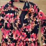 Free People  Tegan Mini Dress 2 Floral Print Long Bell Sleeve Keyhole Black Coral Photo 5