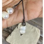 Real Pearls Baroque & Rhinestones Lariat Necklace On Black Cord Adjustable 30” Photo 7