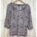 Talbots Top Small Blue Pink Paisley Blouse Tie-Neck Lightweight Summer Peasant Photo 0