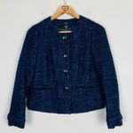 J.Crew  navy blue tweed round neck button front lady jacket with frayed edges. 2 Photo 1