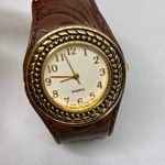 Avon women gold brown tone watch 33mm round case quartz cuff bangle running Photo 1