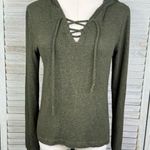 Heart & Hips Hooded Long Sleeve T-Shirt with Laced Neckline Olive Green-Small Photo 0
