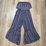 Japna  Jumpsuit Size L Striped Blue/White Strapless Trendy Wide‎ Leg Palazzo Photo 0