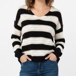 Striped Open Knit Sweater V Neck Black Cream Lightweight Size L Size L Photo 0