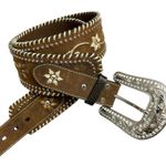 Nocona Belt Co Brown Leather Belt XL Silver Buckle Rhinestones Western Heavy Photo 0
