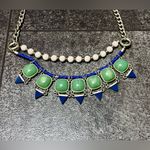 Beautiful Green with Bright Blue Triangles Necklace on a Silver Chain Photo 2