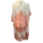 Woven Heart Kimono‎ Cover Up Shawl Duster Boho Festival Paisley Print Tassels Cream Pink Photo 4