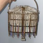 Beige Velvet Rhinestone Gold Cage Pearl Purse Photo 0