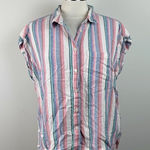Orvis  Linen Blend Pink Blue Green White Stripe Button Down Short Sleeve Top Photo 0
