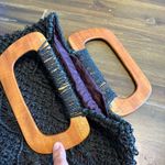 Vintage Raffia Crochet Woven Basket Straw Wood Handles 60’s Black Macrame Tote Photo 7
