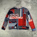 Zara Trafaluc TopWomens Patchwork Knit Long Sleeve Top Multicolor Boho Size S‎ Red Photo 2