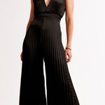 Abercrombie & Fitch Giselle Pleated Wide Leg Plunge Black Satin Jumpsuit M New Photo 0