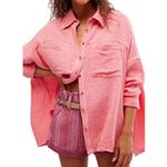 Free People NEW  Cardiff Top Pink Barbicore Cotton Gauze Button-Up Shirt Small Photo 10
