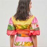 Farm Rio Tiered Top Rainbow Mixed Print Cropped Linen Multicolor Puff Sleeve Sm Photo 9