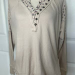 Free People  Womens XS Patchwork‎ Henley Top Floral Trim Thermal Knit Shirt Photo 0