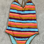 Aerie M Long One Piece Swimsuit Striped Multicolor Gold Trim Full Coverage NWT Photo 0