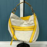 Calvin Klein  Sadia oatmeal Canvas yellow trim Hobo Shoulder Bag Women's 14”x11”‎ Photo 2
