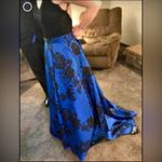 Formal Maxi Dress Women Size 4 Blue Floral Black Lace Pockets Open Back Zip Gown Photo 3