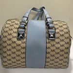 Michael Kors Bedford Satchel Handbag Blue Leather Trim MK Logo Canvas Photo 0