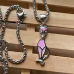 Sterling Silver Pink Opal Cat Pendant on Stainless Steel Rounded Box Chain Pink Photo 2