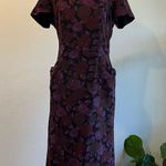 Vintage 1960s Purple Floral Short Sleeve Cut Out Pockets Midi Dress Size Medium Photo 0