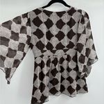 INC  100% Silk Brown Flare Sleeves Flowy Geometric Print Top V Neck Blouse sz 4 Photo 4