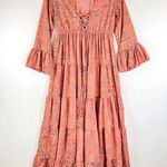 Anthropologie Revolve Boemo Dress Coral Pink Maxi Floral Tier Flared Boho Small Photo 0