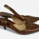 Michael Kors  Brown Leather Studded Slingback Kitten Heels Sz 8 Photo 0
