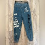 SONG Graffiti High Rise Denim Jogger Pants Women Size 9/29 Blue Jeans Photo 4