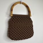 Vintage Brown Macrame Crochet Boho Handbag Purse Bamboo Handles Gingham Lining Photo 2