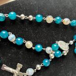 None Blue Chalcedony Stone Miraculous Medal Rosary 3D Crucifix Catholic Silver Bead Photo 1