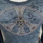 V Christina Y2K Burnout Long Sleeve Top Sz S Rhinestone Peace Sign Graphic Tee Blue Photo 3