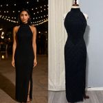 90s Laurence Kazarian 100% Silk Black Beaded Halter Neck Gown High Neck Slit L Size L Photo 1