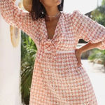 Greylin  Dorothy Eyelet Daisy Tie Front Gingham Dress Tiered Peach White S NWT Photo 0