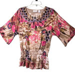 Chico's  Shirt Womens Small Beige Pink Floral Embellished Beaded Smocked Boho Photo 0