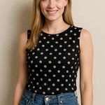 Vintage Y2K Women's Black off White Polka Dot Sleeveless Top • modest • business Size L Photo 0