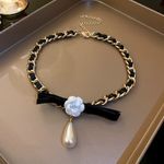 Women's Flower Black Leather Pearl Pendant Choker Necklace Gold Photo 3